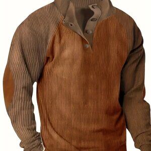 Vibrant Corduroy Half Button Stand Collar Sweatshirt Color Dark Khaki With Brown